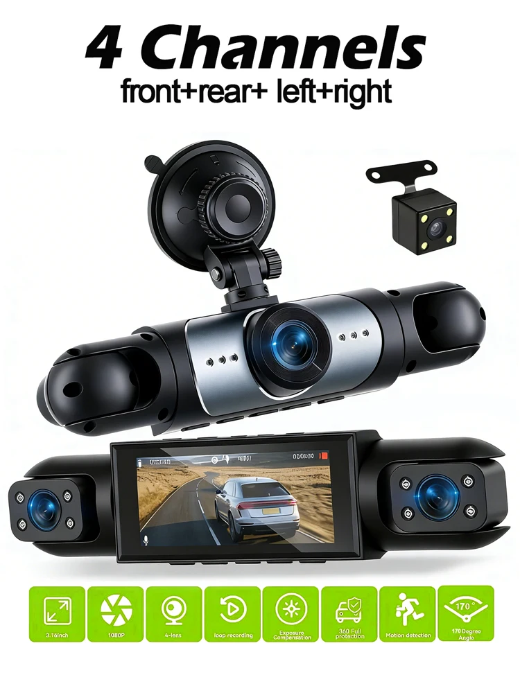 Dashcam Fahrzeug-DVR-Videorekorder 4 Kameras für Autos Black Box Vorne Hinten Innen Nachtsicht Schleifenaufnahme Dashcam Auto 360