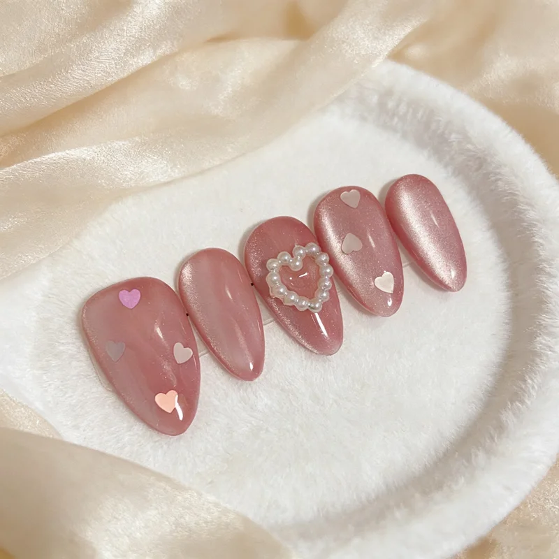 10pcs Almond Handmade Press On Nails Pink Cat Eye Simple Fake Nails Glitter Wearable Decoration False Nails Full Cover Tips Art