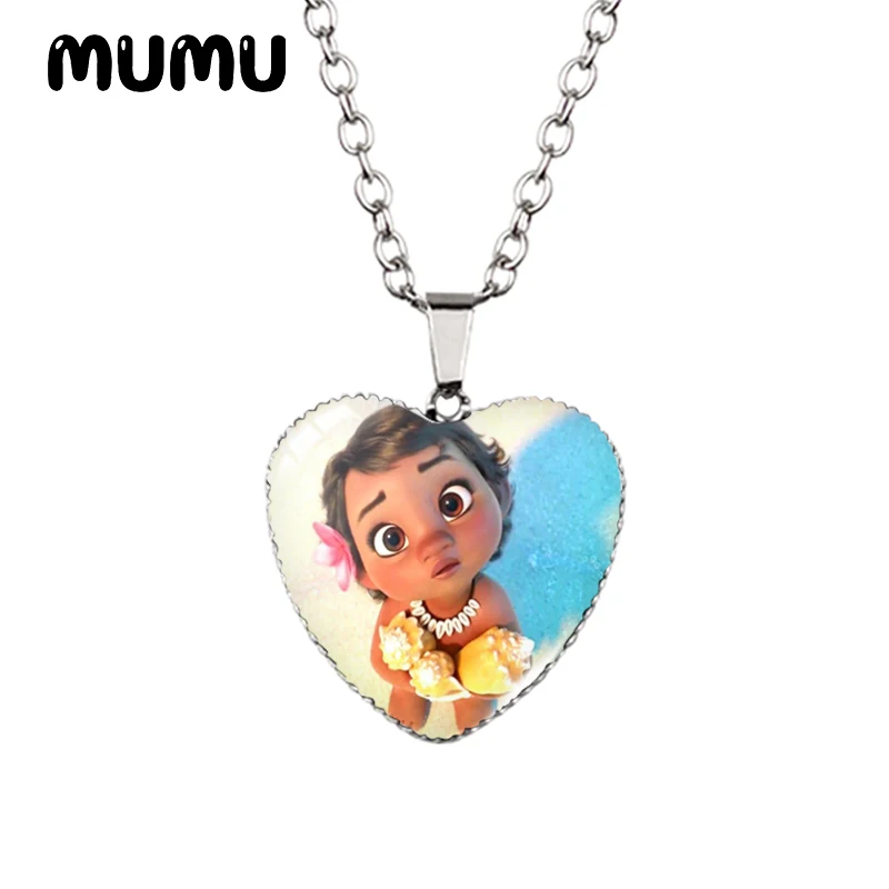 2024 New Princess Moana Heart Necklace Heihei Pua Glass Printed Photo Pendant Handmade Jewelry Gifts Children