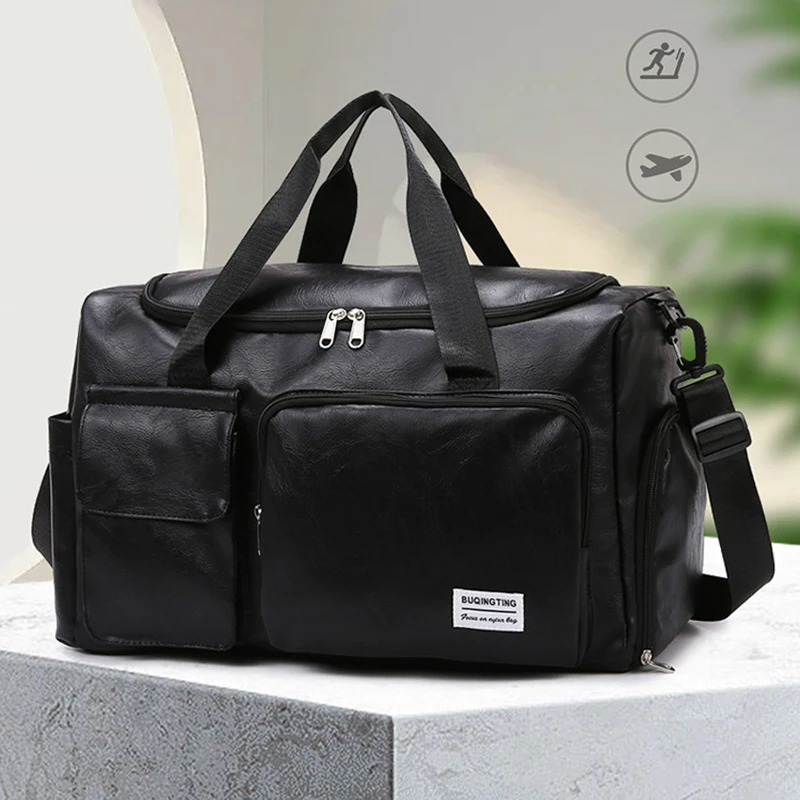 

Gym Bag Women'S Travel Tote PU Leather Duffle Sports Fitness Handbag Shoes Pocket Shoulder Weekend Outdoor Large Capacity Bag