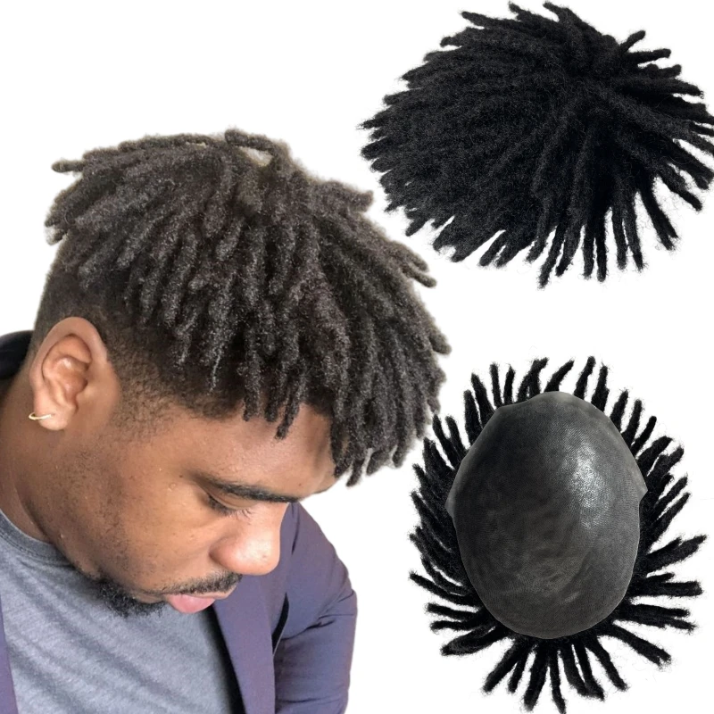 Burmese Virgin Human Hair Replacement 1# Jet Black Color 3 inches Short Dreadlocks Knots PU Toupee 8x10 Skin Unit  for Black Men