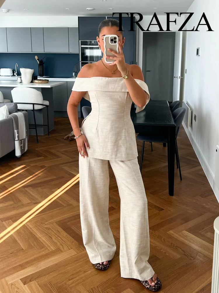 TRAFZA Women Solid Slim Back Zipper Side Slit Crop Design Slash Neck Top+Elegant High-Waisted Zip-up Loose Long Pant 2-częściowy zestaw