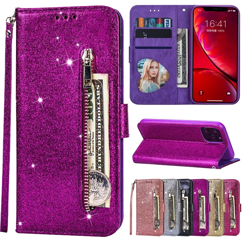 For iPhone 16 Pro Max 15 Plus 14 13 12 11 X XS XR SE 2022 2020 8 7 Fashion Glitter Leather Wallet Card Slot Flip Case Cover