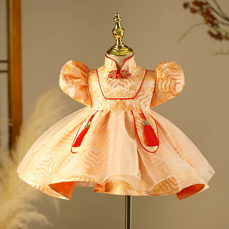 

Baby girl's birthday party Gown luxurious Princess Dresses with Chinese Tang style formal dress kids jacquard wedding dress