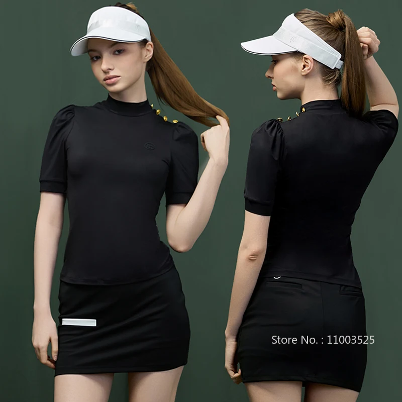 

MG Golf Women's Short Puff Sleeve Shirts High Neck Quick-dry Sports Tops Summer Slim Golf Pencil Skirt with Inner Short Skorts