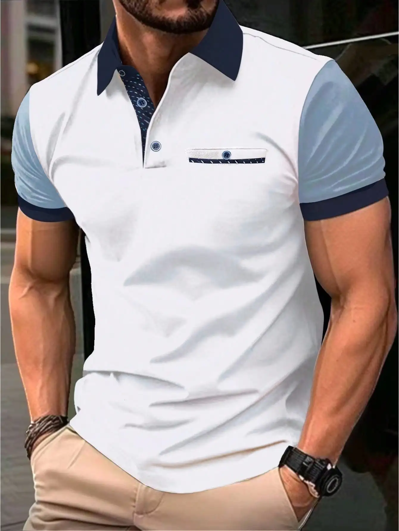 

Men's Casual Contrast Color Block Short Sleeve Polo Shirt for Summer
