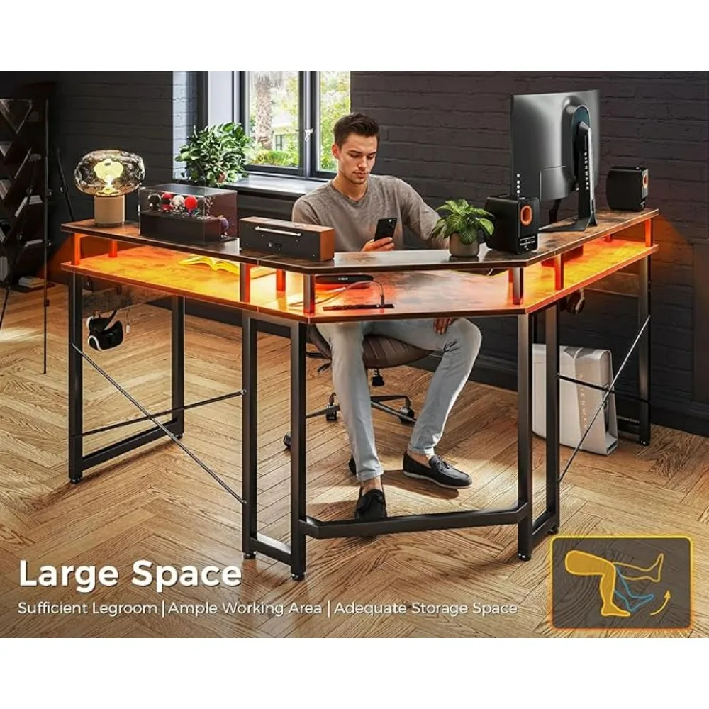 Mesa de computador com luzes LED e tomadas de energia, mesa de jogos de 51 polegadas com suporte completo para monitor, mesa de canto com suporte para copos e ganchos