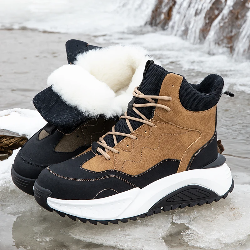 

Мужские зимние ботинки высокого качества, зимние плюшевые утолщенные теплые меховые шерстяные мужские кожаные ботинки, уличная морозостойкая хлопковая обувь для мужчин