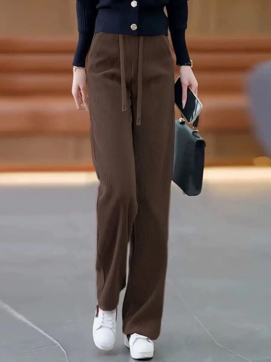 High Waist Fce Lined Narrow Wide Leg Pants Casual Corduroy Khaki Straight Leg Trousers for Women Spring Autumn New Arrival