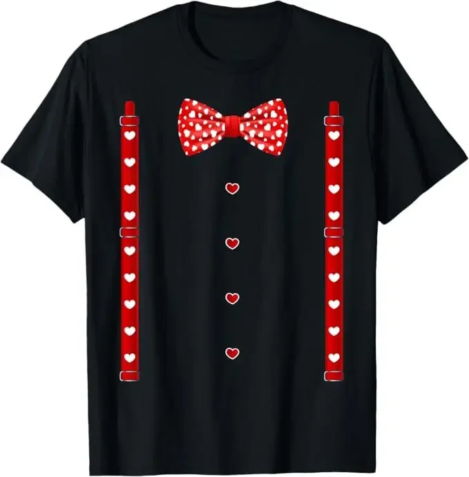 Red Hearts Bow Tie Suspenders Valentines Day Costume T-Shirt