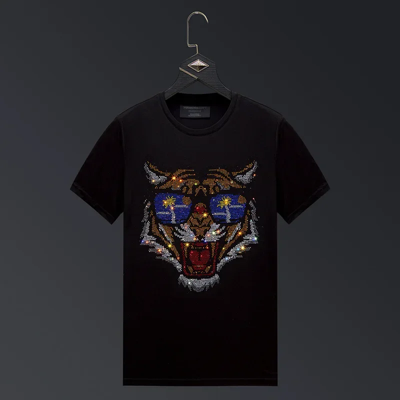 

2025 Mens T Shirts Funny Tiger Rhinestones Fashion Streetwear O Neck Short Sleeve Casual Slim T-shirt for Men Camiseta De Hombre