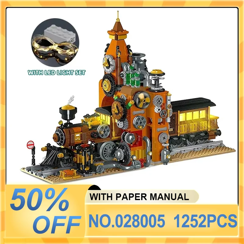 MOC 028005   Technische stad Steampunk trein boekensteun model met licht bouwstenen bakstenen montage speelgoed kerstcadeaus voor kinderen