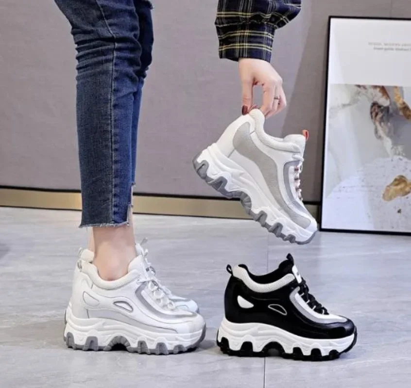 9CM Genuine Leather Platform Wedge Hidden Heel Women Casual Shoes Chunky Sneakers Za Ins Fashion Winter Warm Sneakers Boot