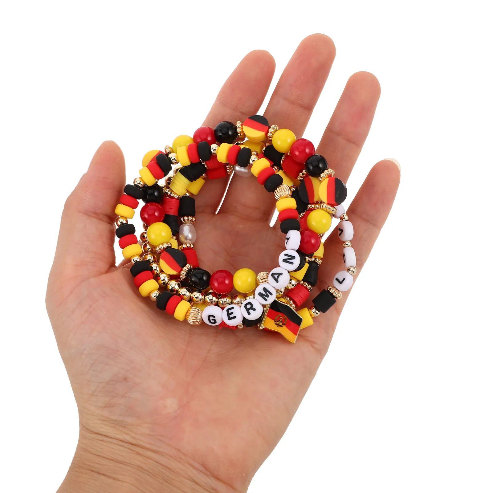 1Set Soccer Bracelets Germany Flag Color Beaded Stretch Stackable Game-Day Accessories Soccer Tournament Fan Jewelry