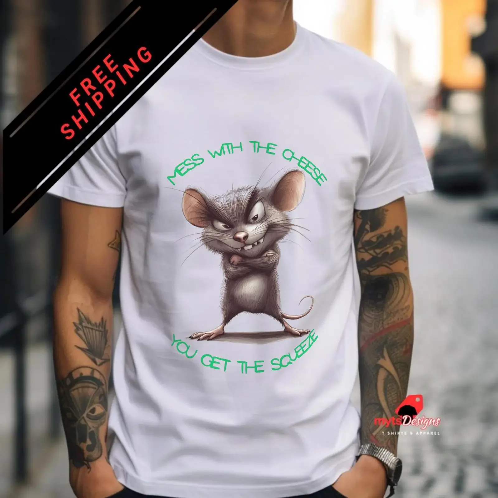 Lustiges Maus-T-Shirt „Mess with the Cheese“ im Vintage-Stil, gewaschen, lässige Designerkleidung, bequem, dehnbar, vielseitige Streetwear