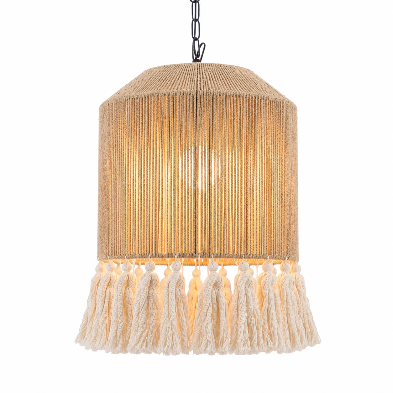 JOYINLED Dia.30cm E26 E27 Tassels Jute Rope Chandelier Coastal Pendant Lamp Natural Hemp Rope Shade, Fringe Detail and Iron Base