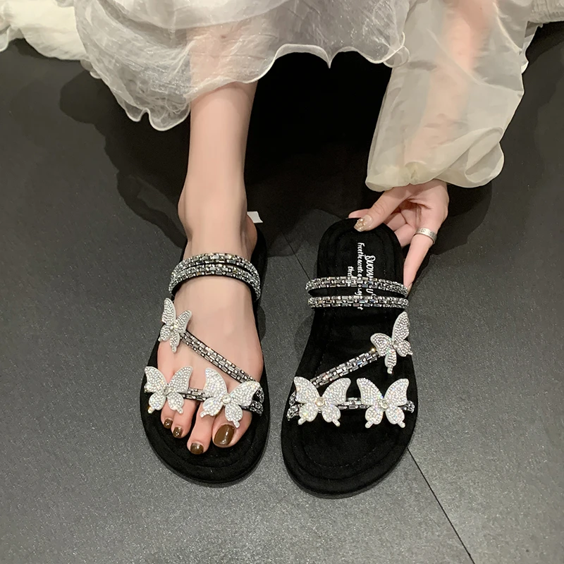 Summer 2024 New Style Rhinestone Three-dimensional Butterfly Solid Color Round Toe Large Size Flat Sandals for Women