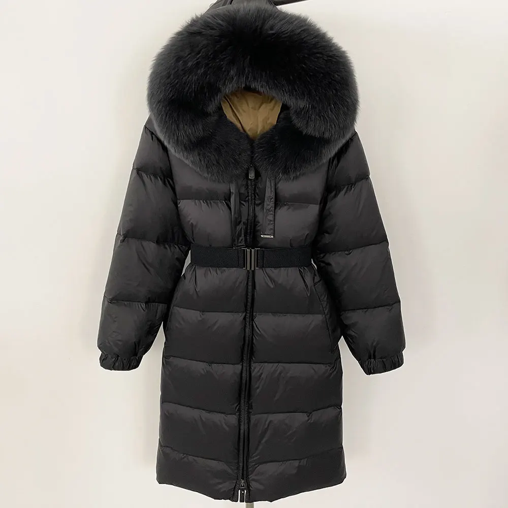 New Winter 2024 90 White Duck Down Coat Real Fur Coat Women Warm Hooded Natural Fox Fur Puffer Jacket Cold Lady