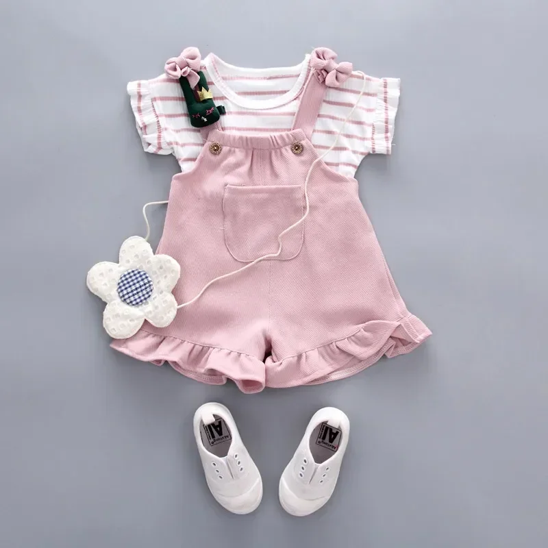 Summer Children Clothing Baby Cute Girls Casual T-Shirts Bib Shorts 2Pcs/Set Toddler Cartoon Fashion Cotton Infant Clothes Suit