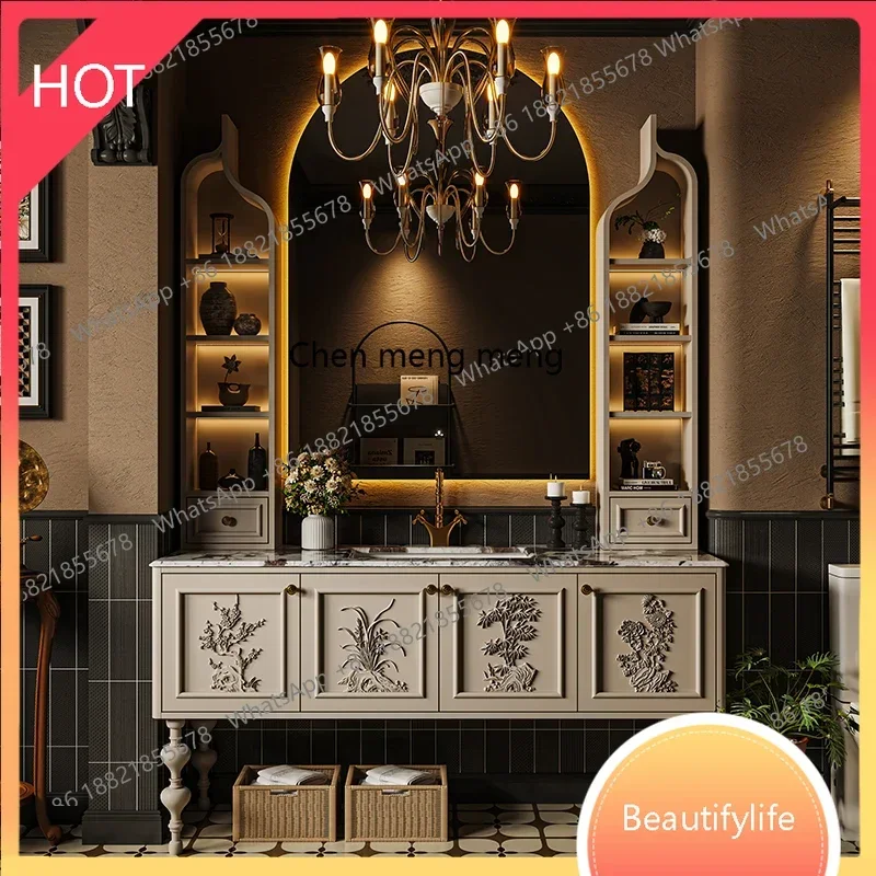 

Simple bathroom cabinet combination toilet wash semi-hanging wash basin smart mirror cabinet French oakK182