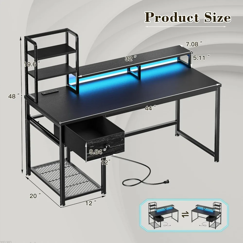 Mesa de computador de 44 polegadas com gaiola e gavetas, mesa de jogos reversível com prateleira para monitor, mesas de escritório doméstico com tomada USB