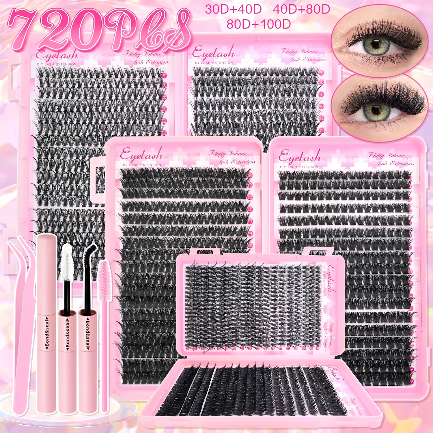 DIY Lash Extension Kit 160pcs Lash Clusters Individual Eyelashes Kit with Lash Bond and Seal Wispy Natural Mange Lashes