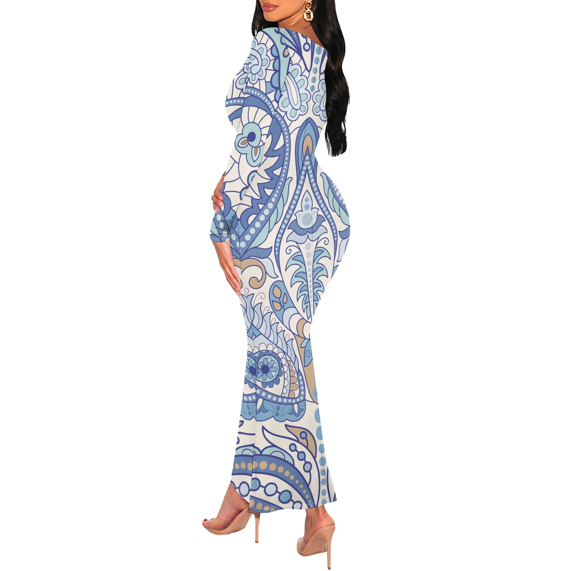 페이즐리 프린트 긴 소매 Bodycon 맥시 드레스 우아한 Boho 스타일 봄 가을 패션