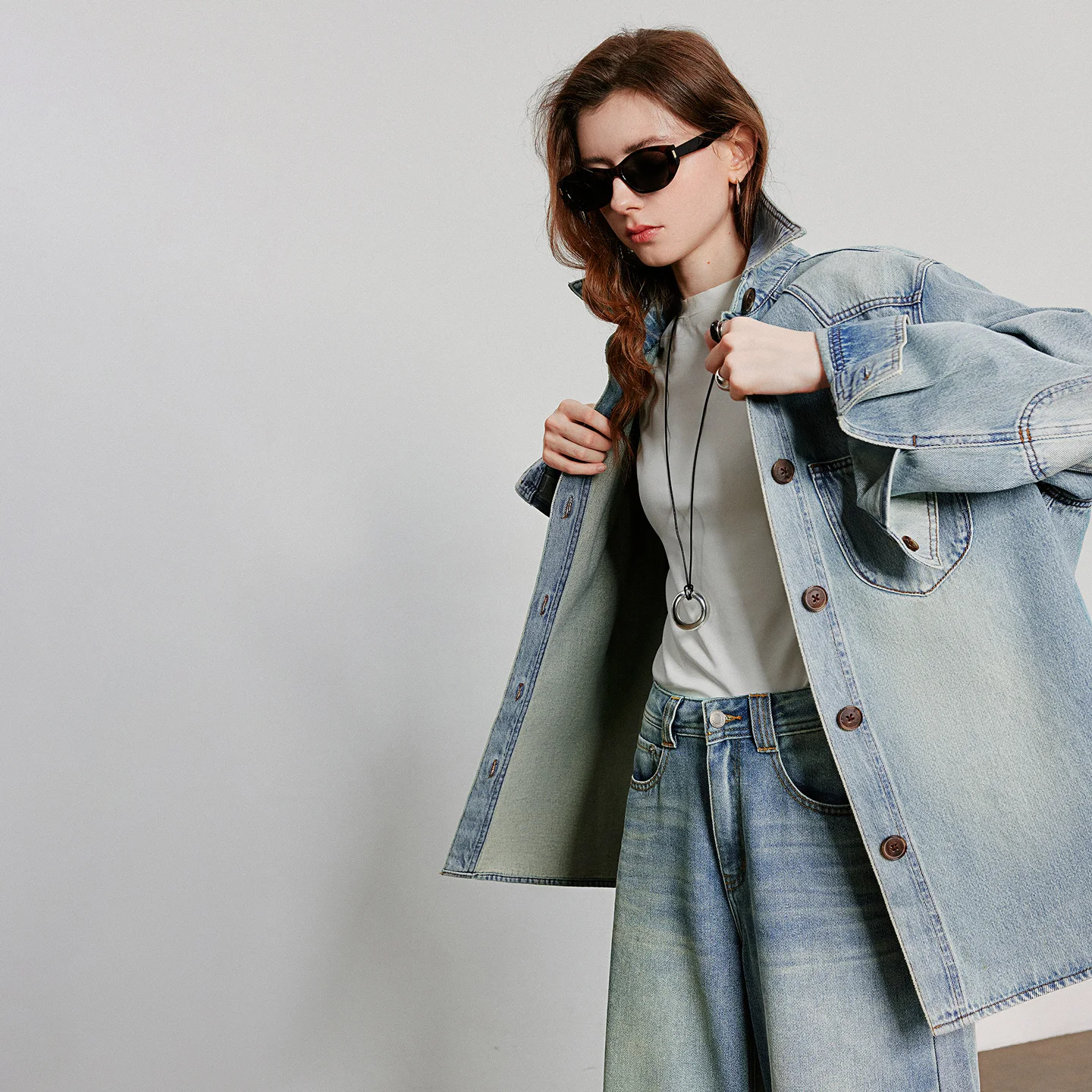 TOYOUTH Female Denim Jacket 2025 Autumn New Turn Down Collar Single Breasted Button Pure Cotton Medium Long Coat