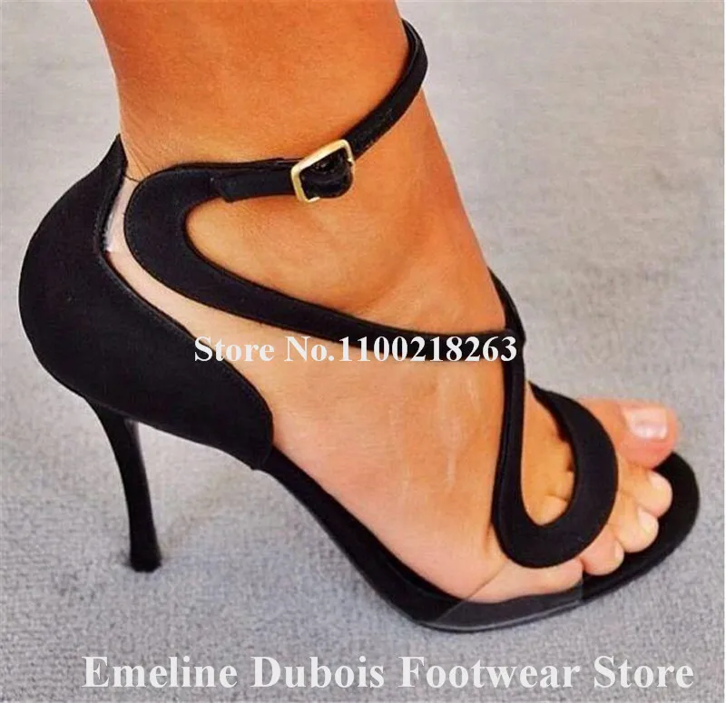 Brand Curved Straps Sandals Emeline Dubois Open Toe PVC Patchwork Stiletto Heel Gladiator Sandals Ankle Straps High Heels