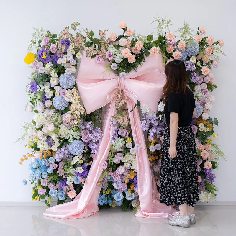 Bow floral decoration, background wall hanging Internet celebrity wall photo clock in simulation