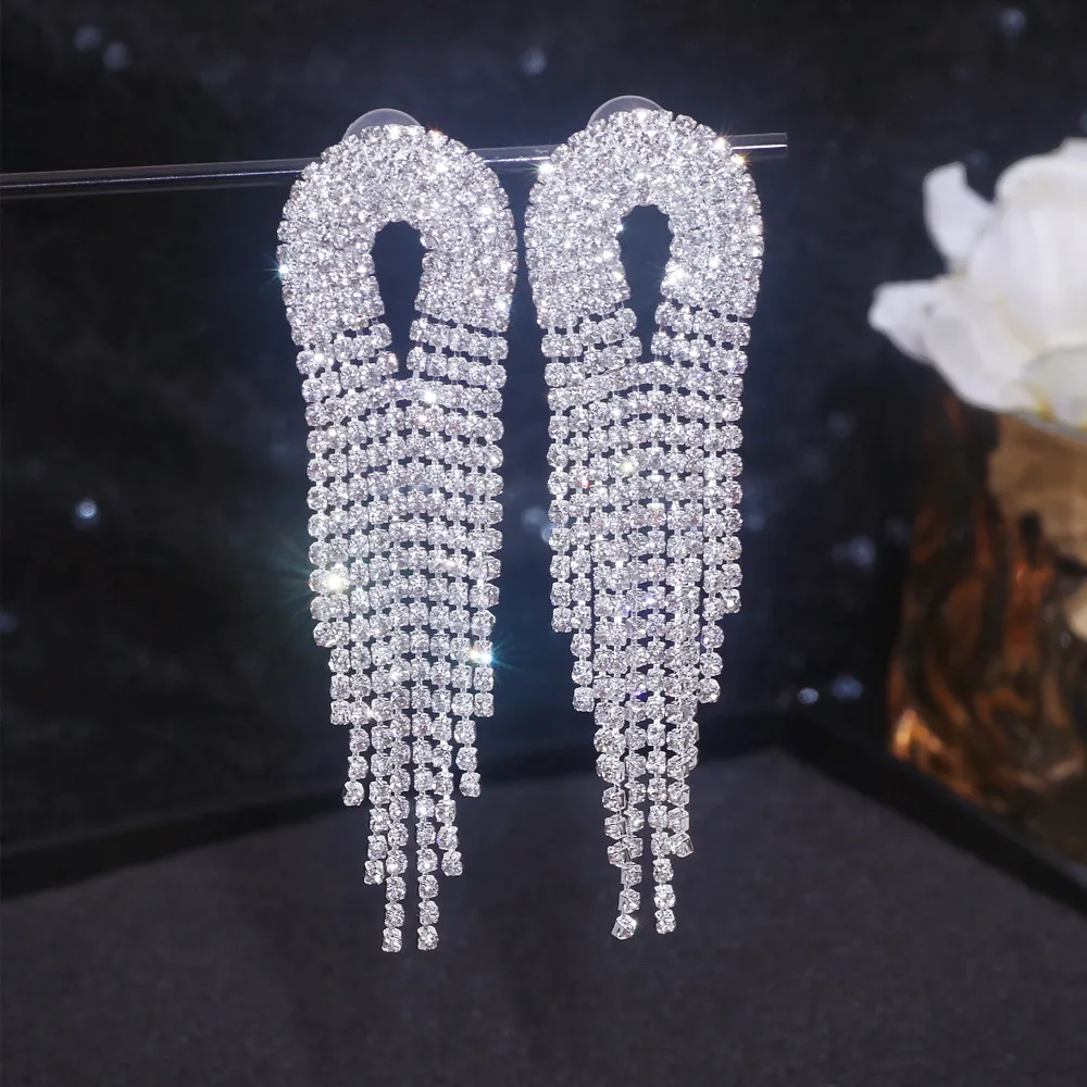 New Classic Shiny Rhinestone Earrings for Women Geometric Long Tassel Crystal Dangle Earrings Female Fashion Jewelry Accessories