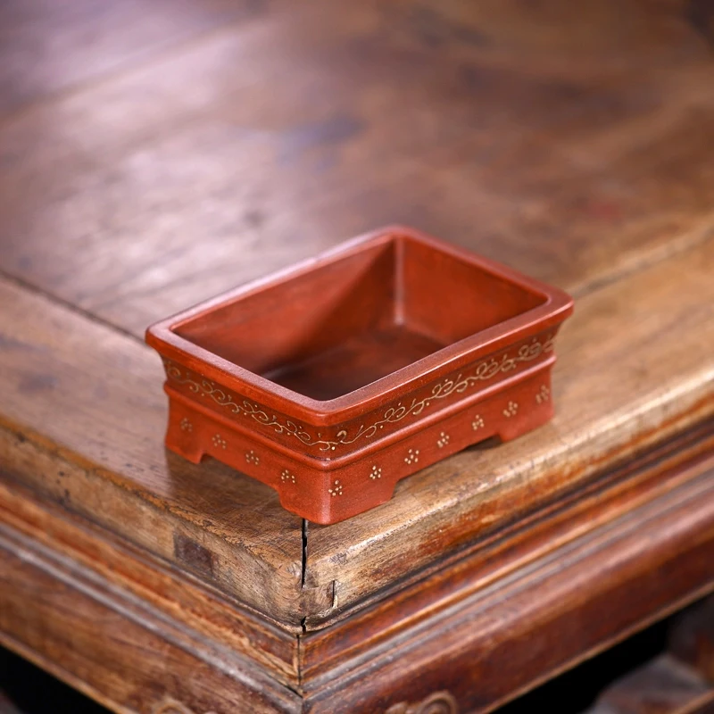 Purple Sand Bonsai Pot, Chinese Carved Garden Decoration