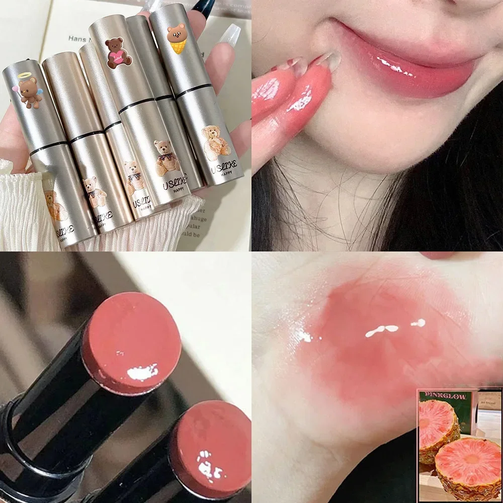 2023 Cute Bear Solid Lip Gloss Color Water Light Jelly Lipstick Girls Plumping Lips Makeup Moisturizing Lip Glaze Clear Lip Tint