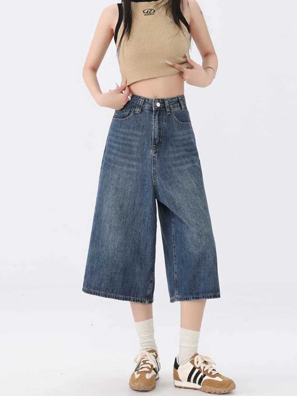 2022 Nieuwe zevendelige jeans met wijde pijpen voor dames in de zomer, dun, hoge taille, ontspannend, luie stijl, rechte buis vijfdelige middenp