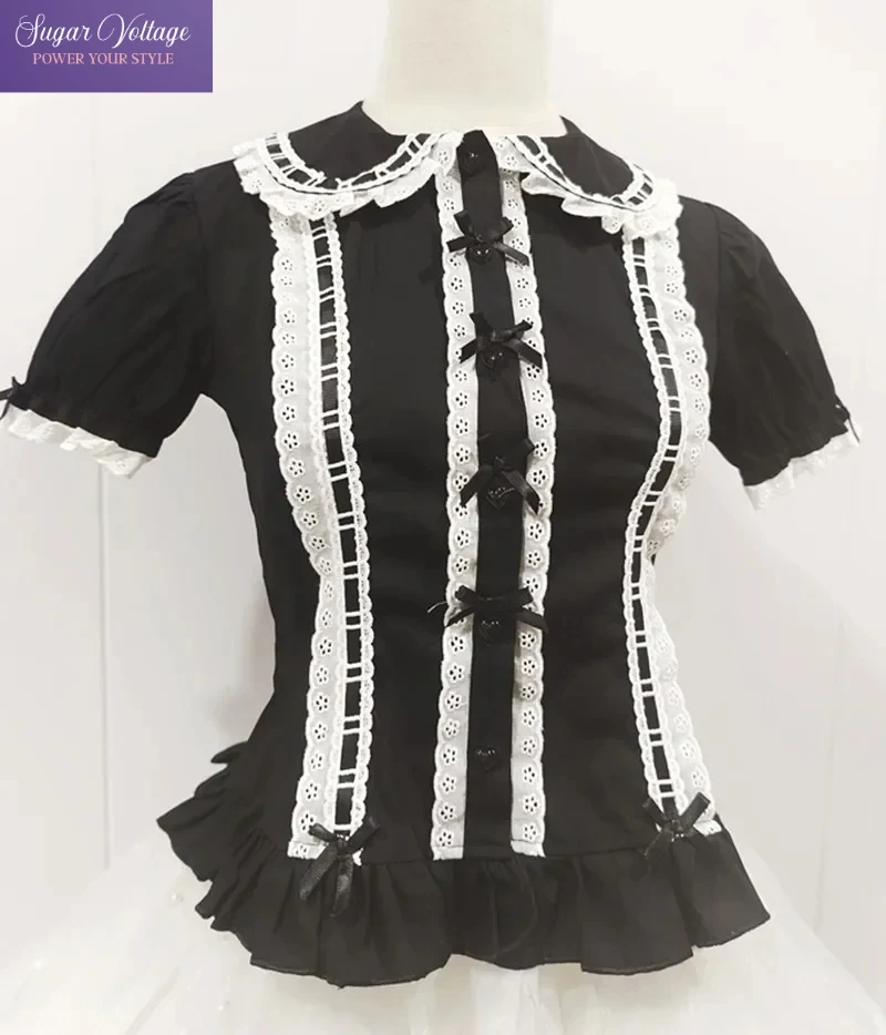Summer Japanese Lolita Sweet Girls Short-sleeved Tops Women Goth Lace Bow Shirt Single-breasted Blouse Doll Collar Slim Tees New