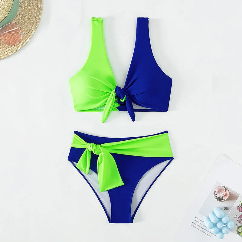 

Sexy Twist Backless Tankini Knotted Bikini High Waist Swimsuit Vacation Swimwears Women Patchwork Y2K Bathing Suit Beach Outfits