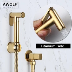 Awolf Titanium Gold Polishing Solid Brass Handheld Toilet Bidet Sprayer Set Hygienic Shower Head Angle Valve Anal Shower AP2264