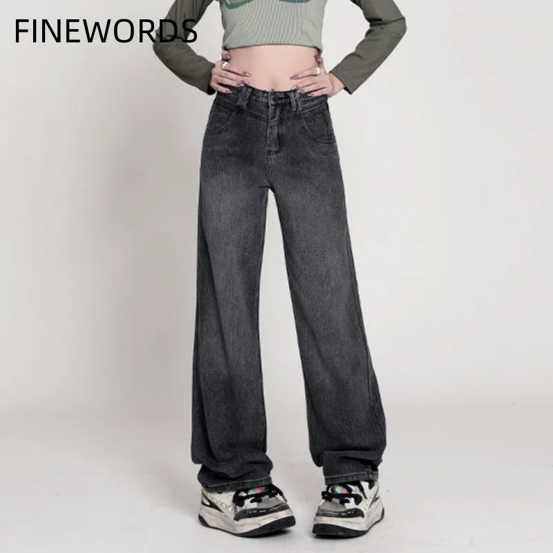 

FINEWORDS Fashion Fabric Wide Leg Vintage Jeans Women High Waist Baggy Jeans Korean Casual Streetwear Harajuku Denim Pants