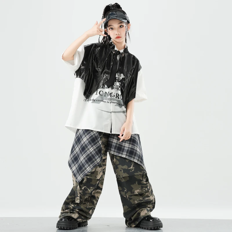 Jungen K-pop Street Dance Polo T-shirt Pu Weste Cargo Hosen Mädchen Hip Hop Camo Jogger Kinder Kleidung Sets kinder Jazz Streetwear