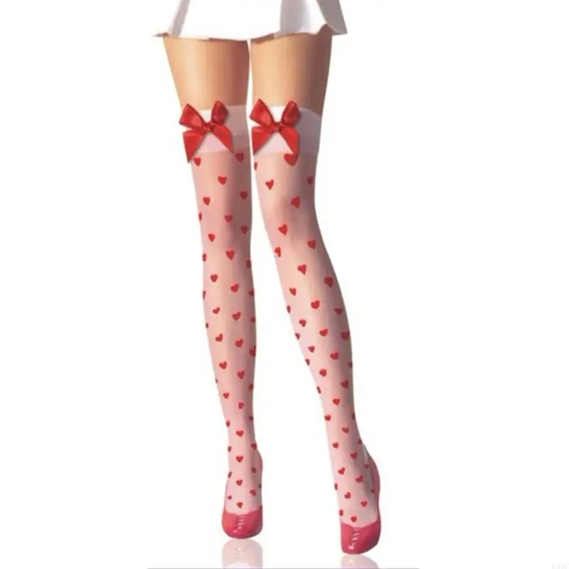 

L5YC Women Sexy Silky Thigh High Stockings Sweet Love Heart Dots Over Knee Long Socks Bowknot Hosiery Cosplay