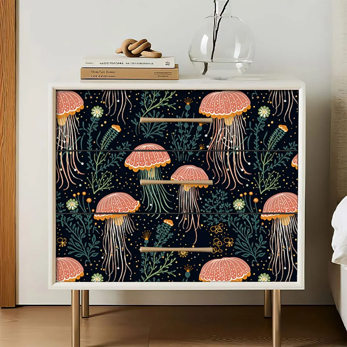 Boho Pink Jellyfish Seaweed Wallpaper Removable Self Adhesive Marine Life Contact Paper for Wall Furniture Renovation Sticker