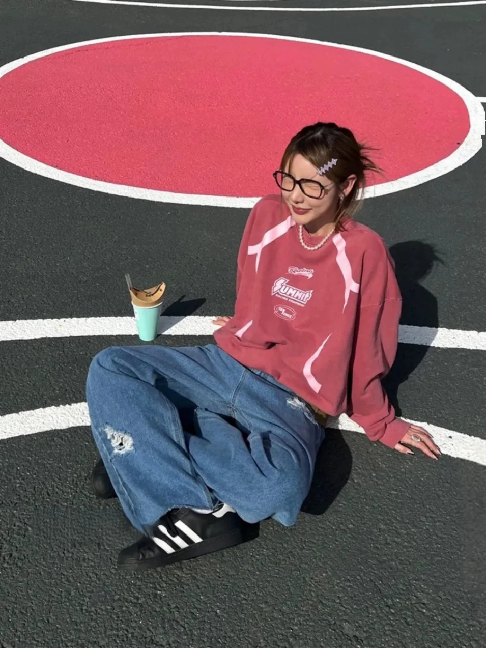 Waed Casual Long Sve Felpa ampia Unico SEI Coreano Semplice Personali Neutro k Rosso Pendolarismo Sle rotondo Ne Stampa