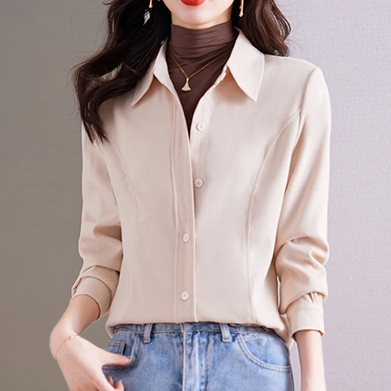 

2025 Autumn Winter New Solid Corduroy Shirts Women Casual Outwear Thick Blouses Elegant Office Lady Tops Vintage Women Clothing