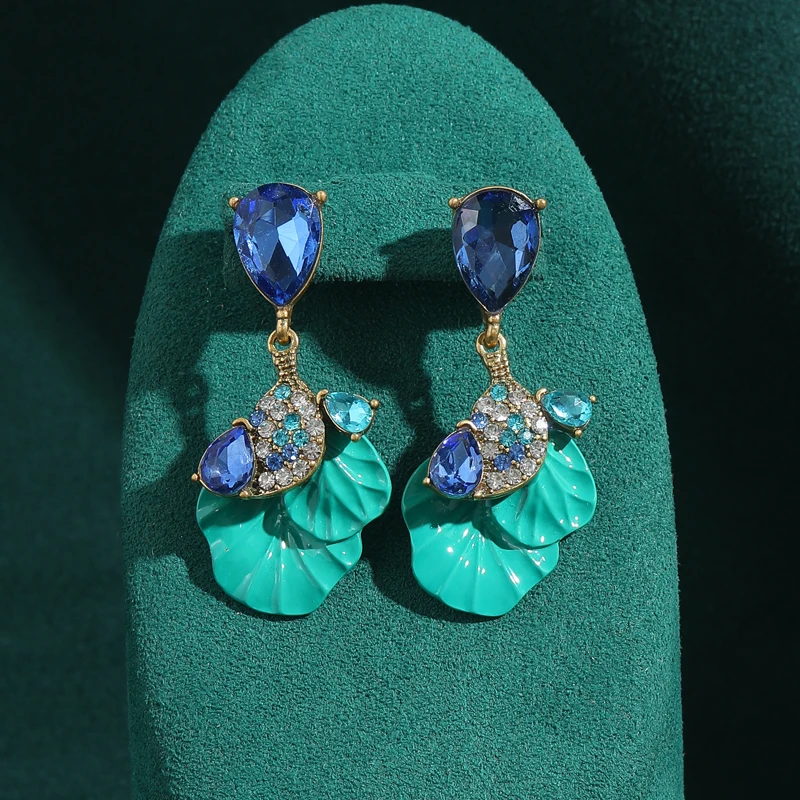 

Vintage Blue Enamel Large Leaf Drop Earrings Water Droplet Crystal for Women Retro Korean Antique Jewelry Party Luxury 2025 New