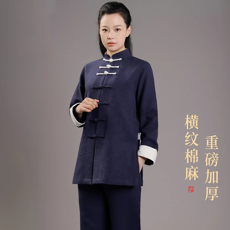 Women's New Premium Autumn Winter Heavyweight Thickened Cotton Linen Tai Chi Suit for Daily Wear and Martial Arts Practice
