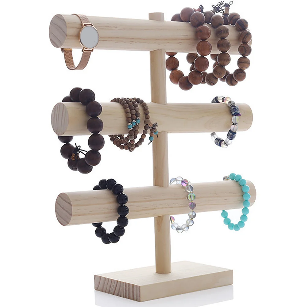 

Wooden Bracelet Display Rack Three-Level Jewelry Holder Desktop Organizer for Earrings Necklaces Watches Charms Storage