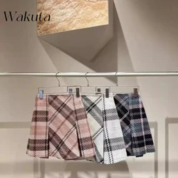 WAKUTA Japanese Retro High-waisted Faldas Plaid A-line Skirts Autumn/Winter Casual Versatile Wool Tweed Yarn Thin Skirts 니트 스커트