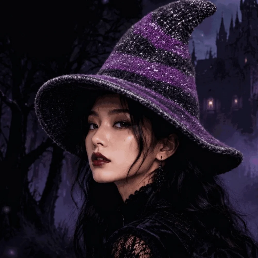 Crochet Halloween Bonnet Wide Edges Witch Hat Color Blocked Soft Knitted Wizard Cap Foldable Spire Halloween Hat Stage Play