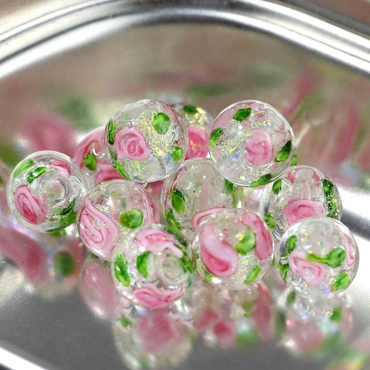 10mm Glass Beads with Inner Flower Design Transparent Light Pink Handmade DIY Jewelry Bead Loose Bracelets Necklaces Accessories