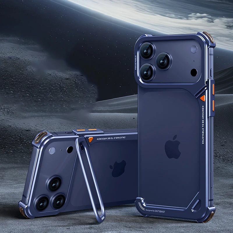 Eary 9-förmige Metall-Schutzhülle für iPhone 18 17 Pro Max mit MagSafe-Wireless-Charging, Objektivhalterung und Ständer, rahmenlos – Detail 2